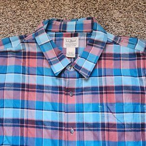LL Bean Shirt Mens Extra Large Blue Plaid Button Front Long Sleeve Slight Fitted